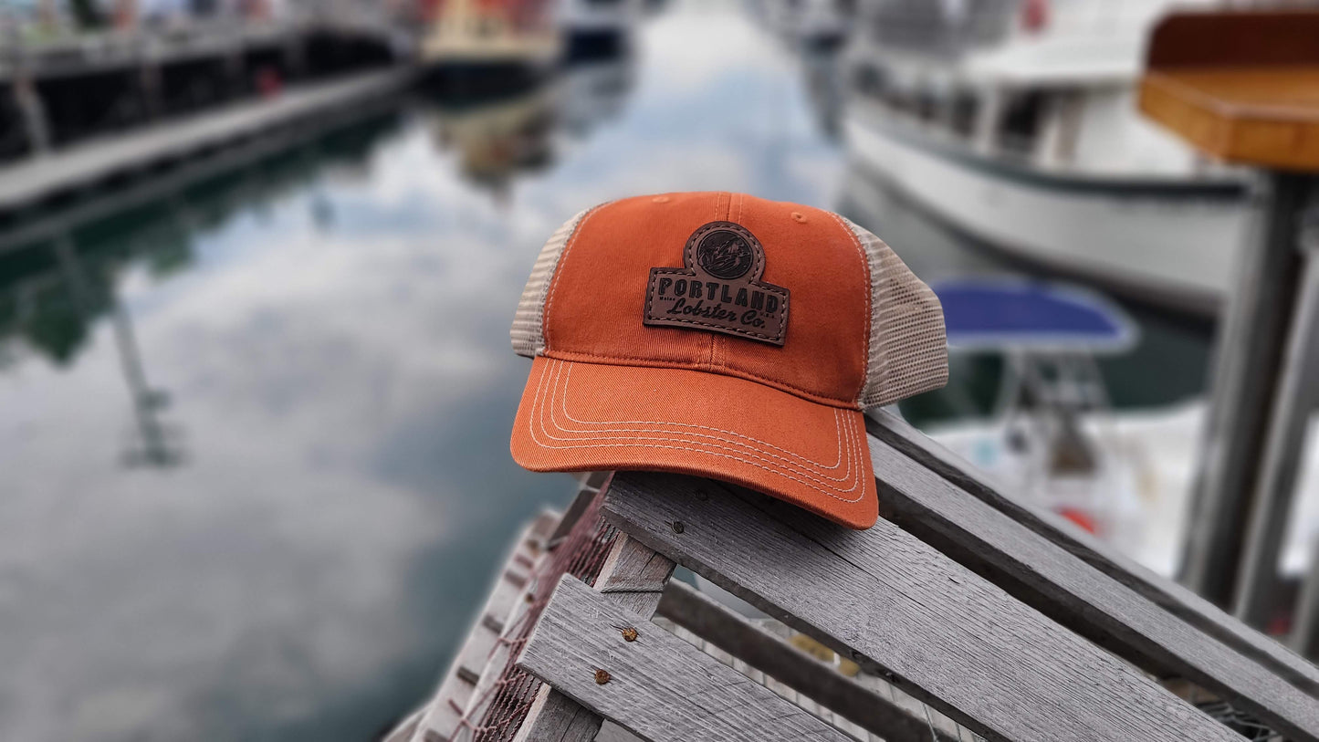 Mesh Back Trucker Hat Leather Patch - Orange