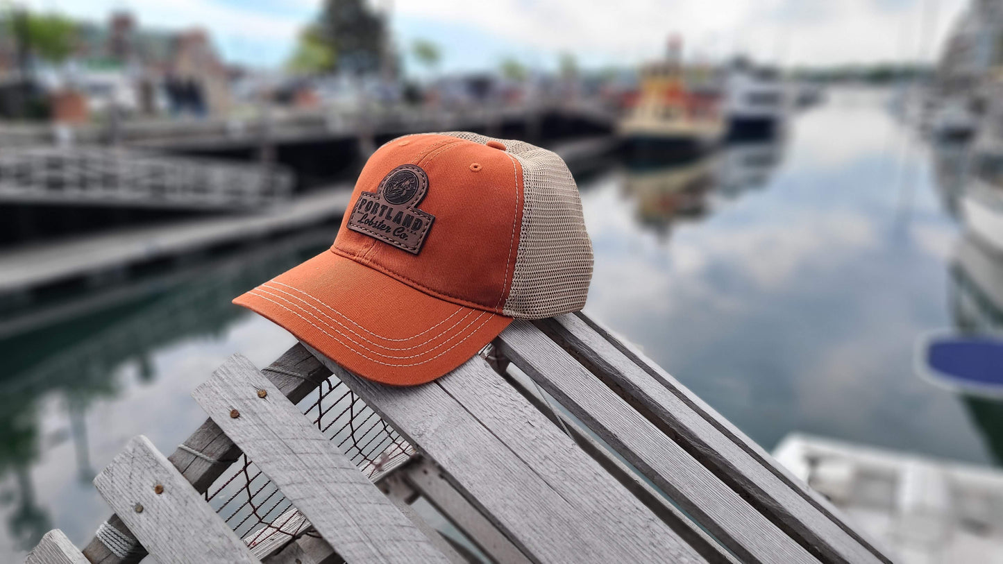 Mesh Back Trucker Hat Leather Patch - Orange